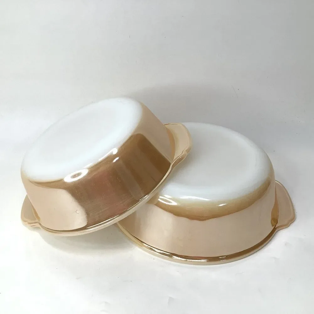 2 Vtg Anchor Hocking Ovenware Peach Luster Ware Bowl 1‎ Qt & 1 1/2  Qt Fire King